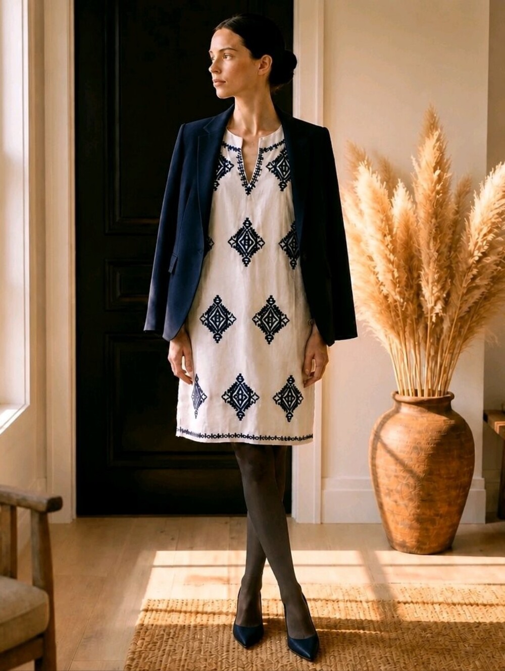 Athena Marie Embroidered Sleeveless Shift Dress - Cream with Navy